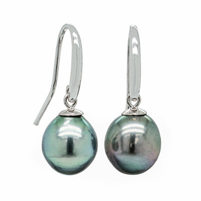9ct White Gold Tahitian Black Pearl Drop Earrings-Earrings-Walker & Hall