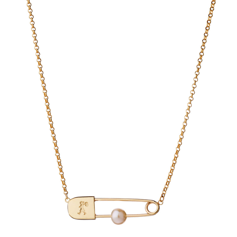 Karen Walker Runaway Safety Pin Necklace - 9ct Yellow Gold & Pearl-Necklace-Walker & Hall