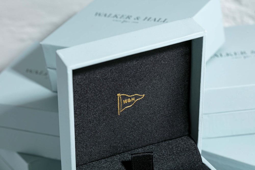 Walker and Hall flag featured on inside of jewellery gift box
