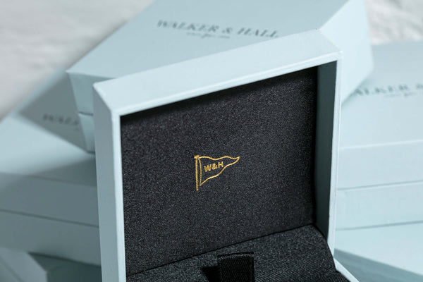 Walker and Hall flag featured on inside of jewellery gift box