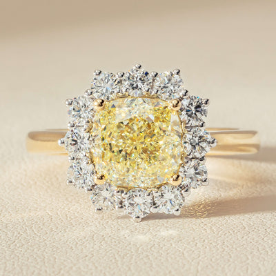 18ct Yellow Gold 3.01ct Yellow Cushion Cut Diamond Belle Ring - Ring - Walker & Hall