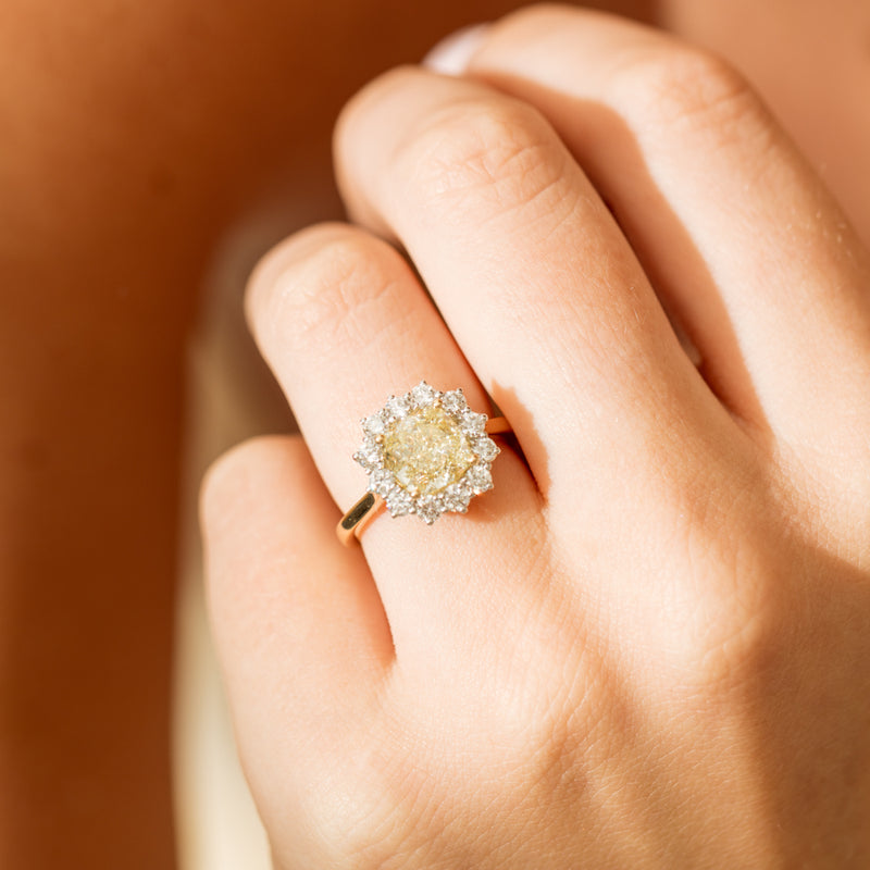 18ct Yellow Gold 3.01ct Yellow Cushion Cut Diamond Belle Ring-Ring-Walker & Hall