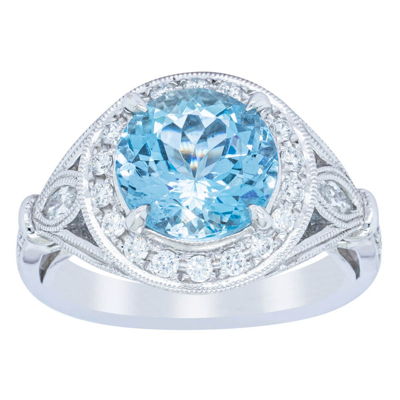 18ct White Gold Aquamarine & Diamond Halo Ring-Ring-Walker & Hall