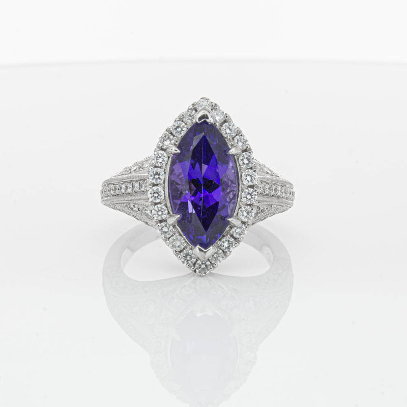 18ct White Gold 3.84ct Tanzanite & Diamond Halo Ring-Ring-Walker & Hall