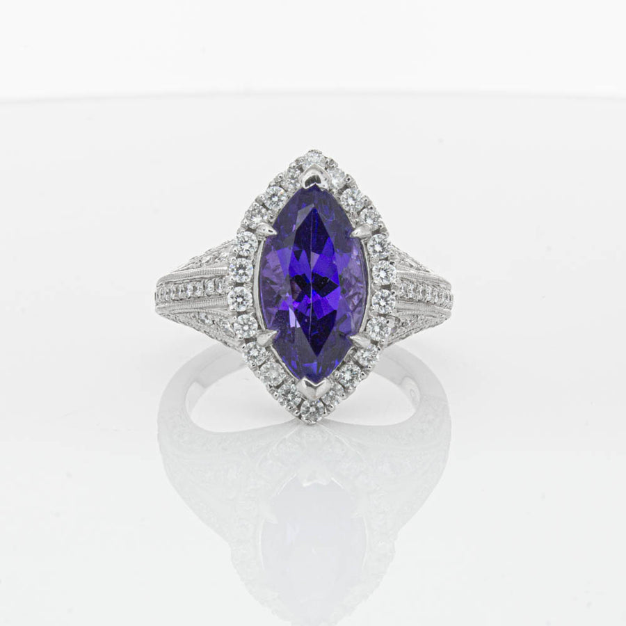 18ct White Gold 3.84ct Tanzanite & Diamond Halo Ring-Ring-Walker & Hall