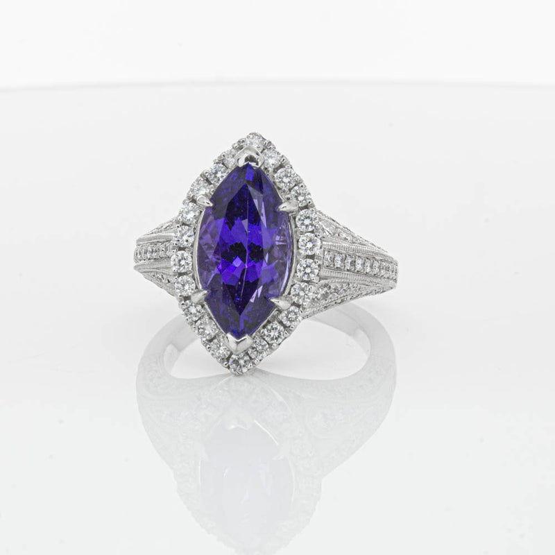 18ct White Gold 3.84ct Tanzanite & Diamond Halo Ring-Ring-Walker & Hall