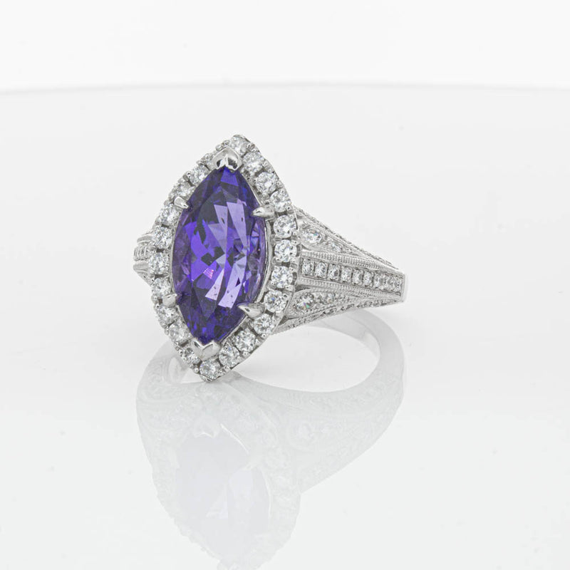 18ct White Gold 3.84ct Tanzanite & Diamond Halo Ring-Ring-Walker & Hall