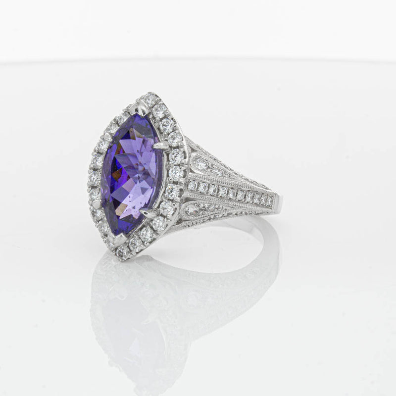 18ct White Gold 3.84ct Tanzanite & Diamond Halo Ring-Ring-Walker & Hall