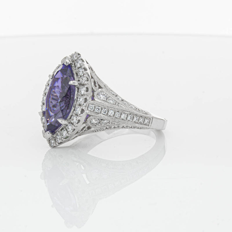 18ct White Gold 3.84ct Tanzanite & Diamond Halo Ring-Ring-Walker & Hall