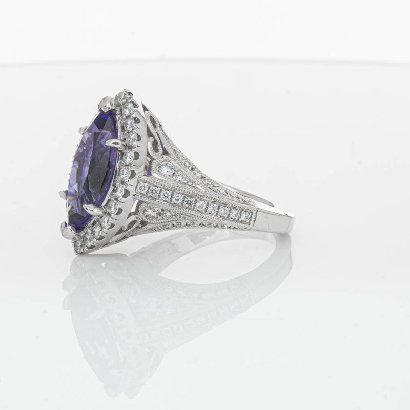 18ct White Gold 3.84ct Tanzanite & Diamond Halo Ring-Ring-Walker & Hall