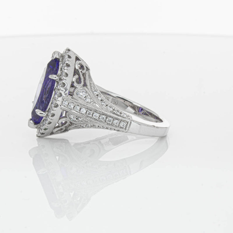 18ct White Gold 3.84ct Tanzanite & Diamond Halo Ring-Ring-Walker & Hall