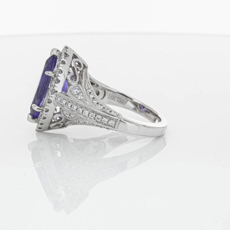 18ct White Gold 3.84ct Tanzanite & Diamond Halo Ring-Ring-Walker & Hall