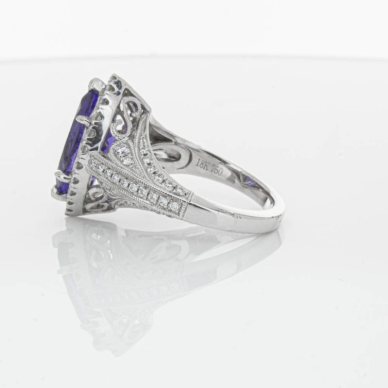 18ct White Gold 3.84ct Tanzanite & Diamond Halo Ring-Ring-Walker & Hall