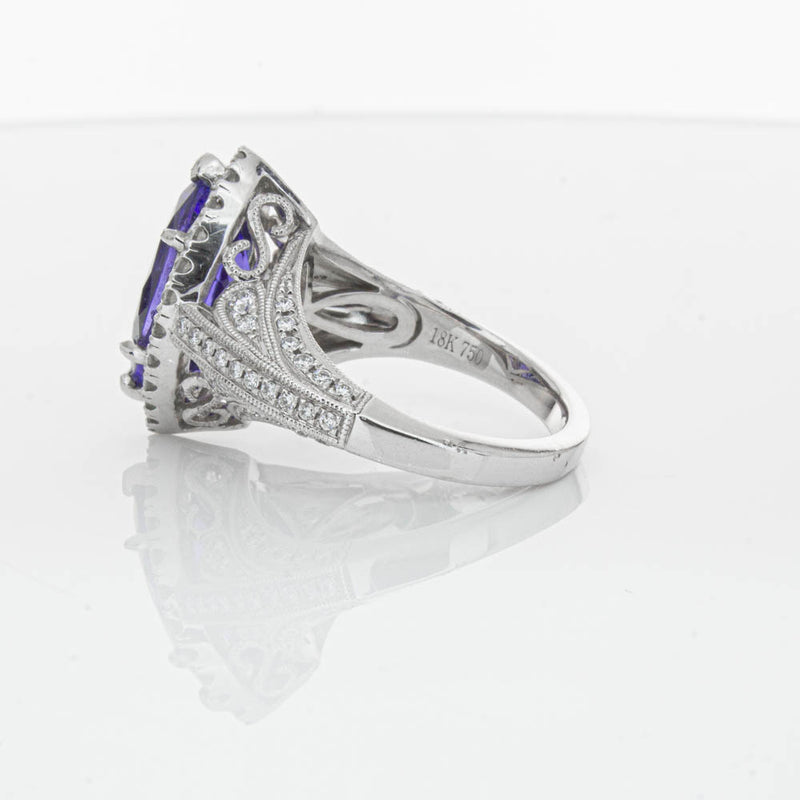18ct White Gold 3.84ct Tanzanite & Diamond Halo Ring-Ring-Walker & Hall