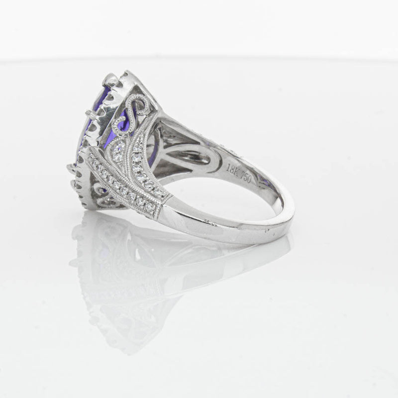 18ct White Gold 3.84ct Tanzanite & Diamond Halo Ring-Ring-Walker & Hall