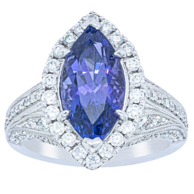 18ct White Gold 3.84ct Tanzanite & Diamond Halo Ring-Ring-Walker & Hall