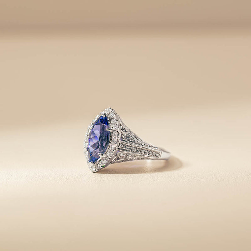 18ct White Gold 3.84ct Tanzanite & Diamond Halo Ring-Ring-Walker & Hall