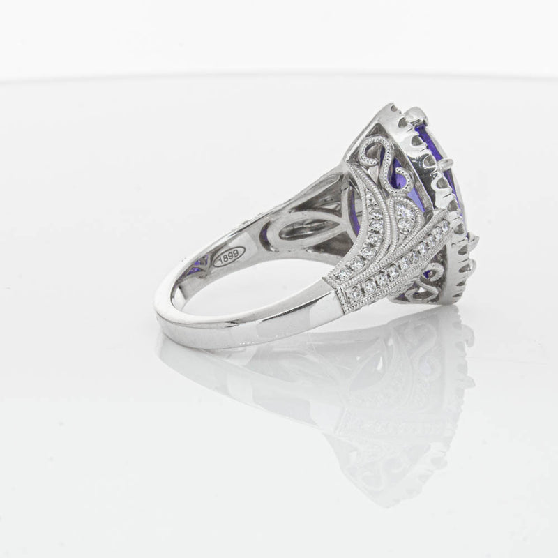 18ct White Gold 3.84ct Tanzanite & Diamond Halo Ring-Ring-Walker & Hall