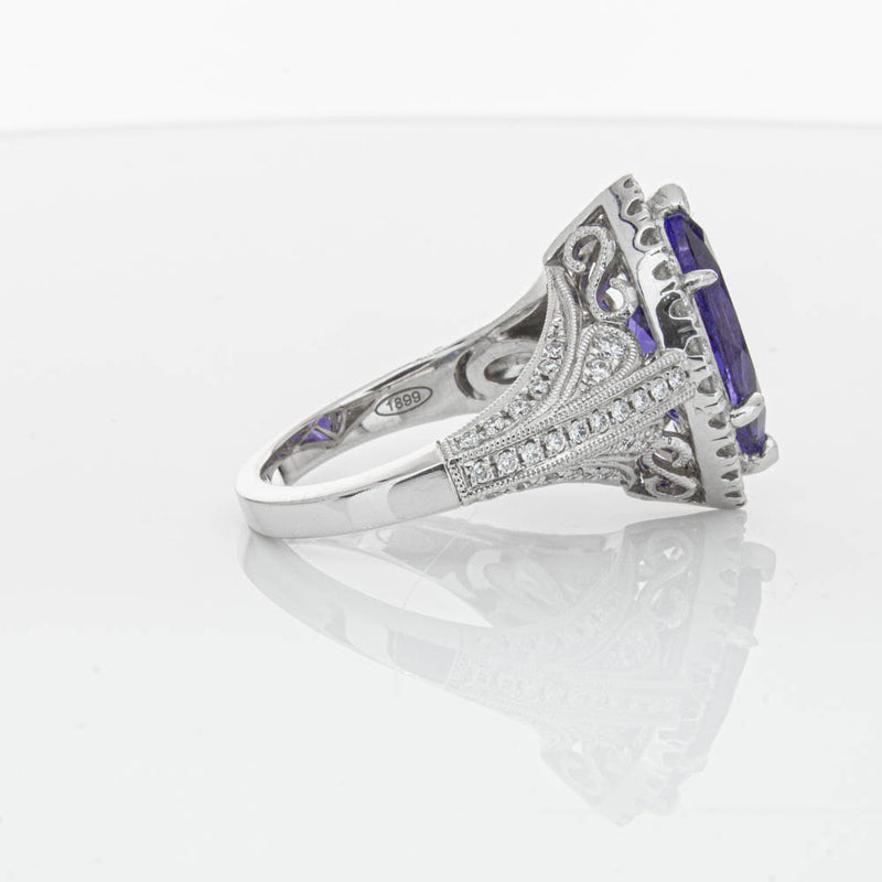 18ct White Gold 3.84ct Tanzanite & Diamond Halo Ring-Ring-Walker & Hall