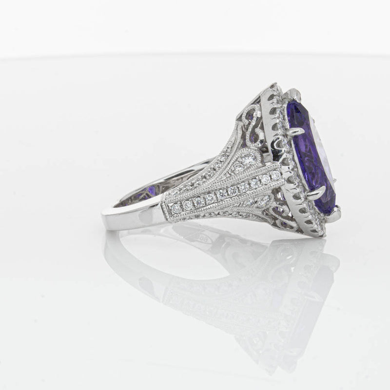 18ct White Gold 3.84ct Tanzanite & Diamond Halo Ring-Ring-Walker & Hall
