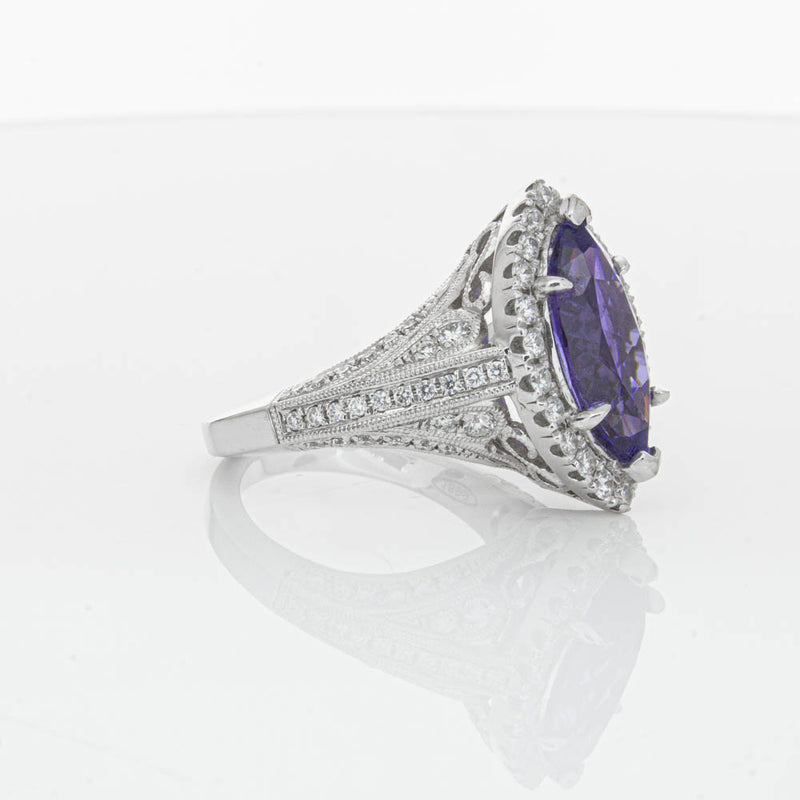 18ct White Gold 3.84ct Tanzanite & Diamond Halo Ring-Ring-Walker & Hall