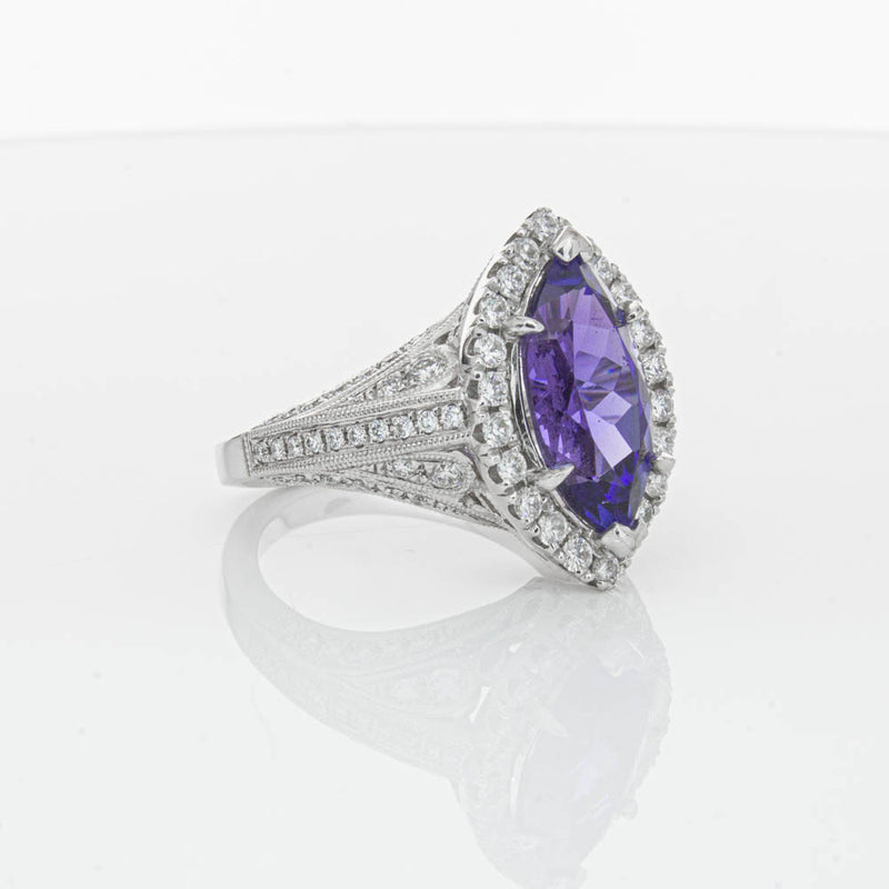 18ct White Gold 3.84ct Tanzanite & Diamond Halo Ring-Ring-Walker & Hall