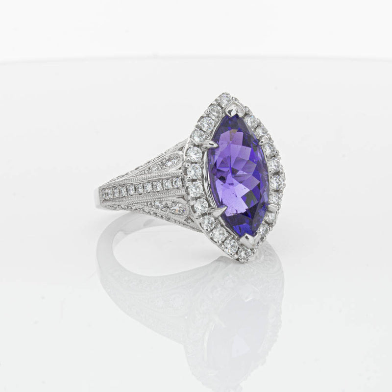 18ct White Gold 3.84ct Tanzanite & Diamond Halo Ring-Ring-Walker & Hall