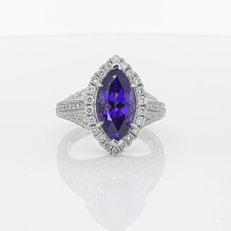 18ct White Gold 3.84ct Tanzanite & Diamond Halo Ring-Ring-Walker & Hall