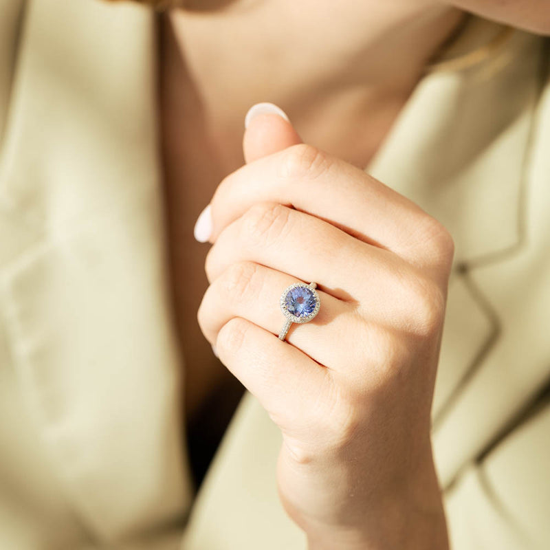 18ct White Gold 2.66ct Tanzanite & Diamond Halo Ring-Ring-Walker & Hall