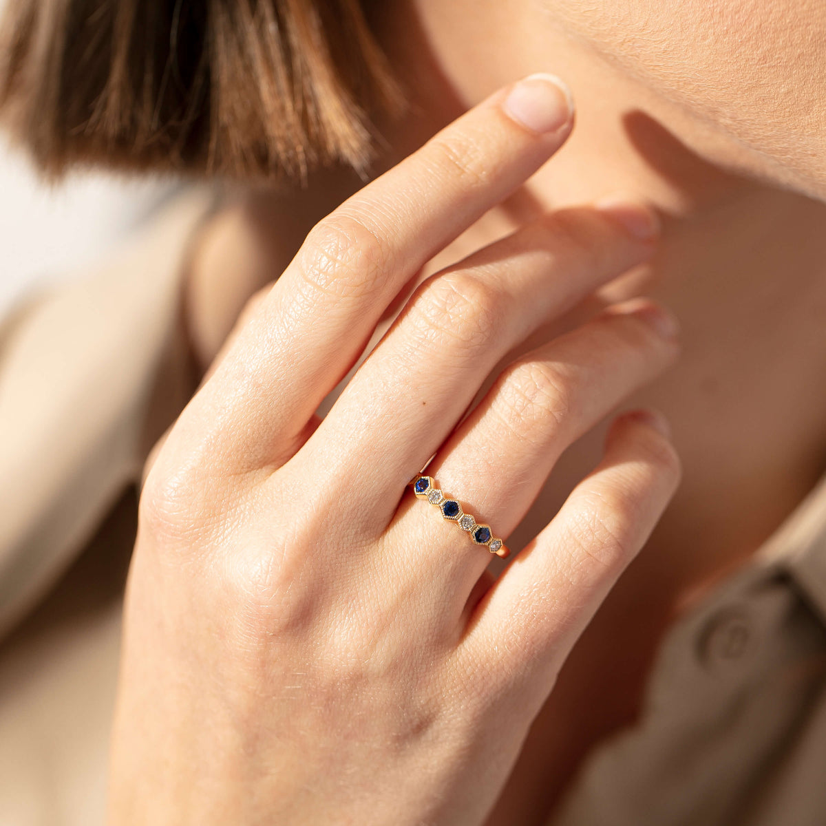 Model wearing Diamond and Sapphire Deco Band