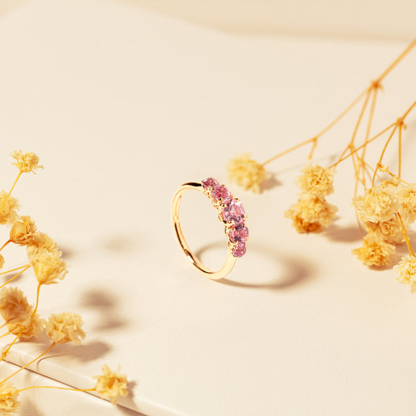 18ct Yellow Gold Five Stone Pink Tourmaline Octavia Ring-Ring-Walker & Hall