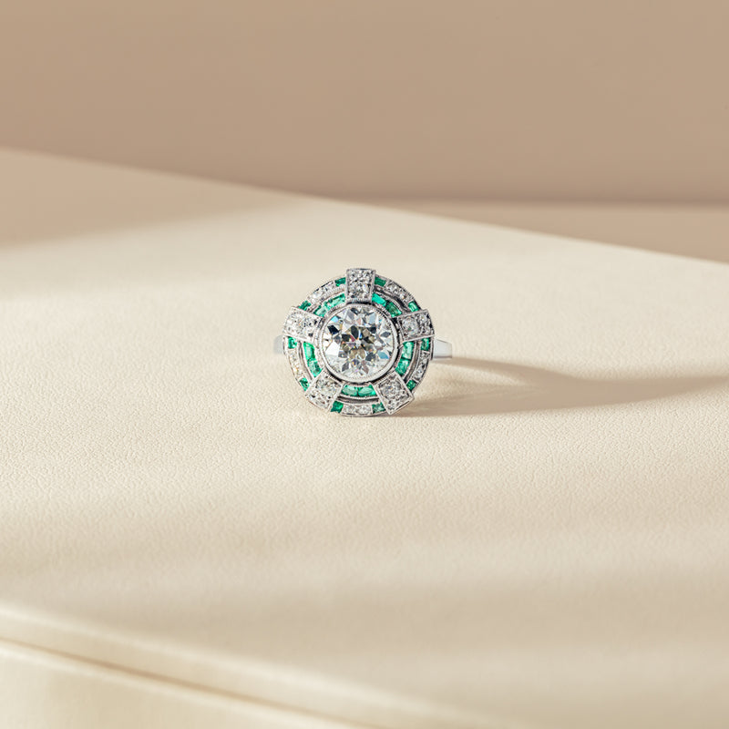 Vintage 14ct White Gold 1.94ct Diamond & Emerald Ring-Ring-Walker & Hall