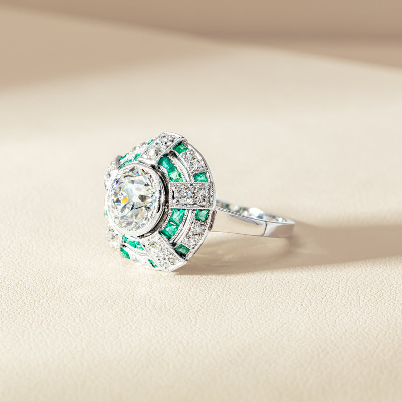 Vintage 14ct White Gold 1.94ct Diamond & Emerald Ring-Ring-Walker & Hall