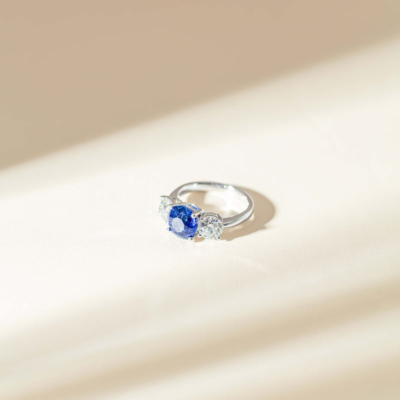 18ct White Gold 3.51ct Sapphire & Diamond Trinity Ring-Ring-Walker & Hall