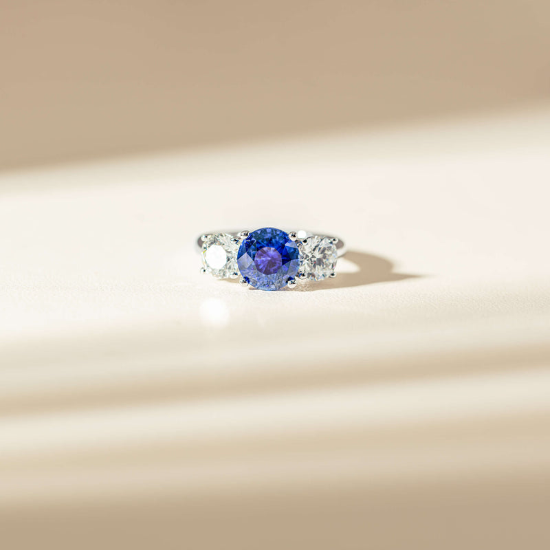 18ct White Gold 3.51ct Sapphire & Diamond Trinity Ring-Ring-Walker & Hall