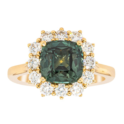 18ct Yellow Gold 3.56ct Green Sapphire & Diamond Belle Ring-Ring-Walker & Hall