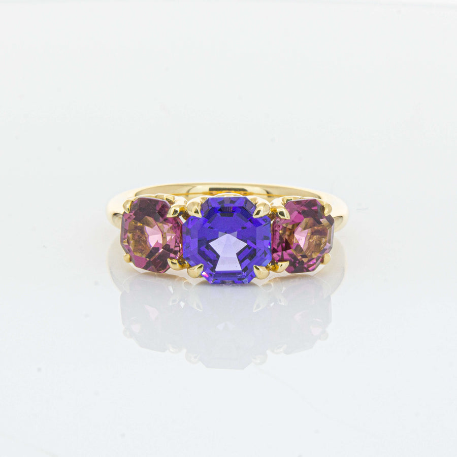 18ct Yellow Gold Three Stone Tanzanite & Tourmaline Octavia Ring-Ring-Walker & Hall