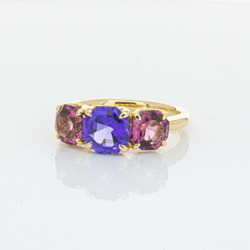 18ct Yellow Gold Three Stone Tanzanite & Tourmaline Octavia Ring-Ring-Walker & Hall