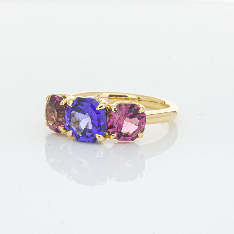 18ct Yellow Gold Three Stone Tanzanite & Tourmaline Octavia Ring-Ring-Walker & Hall