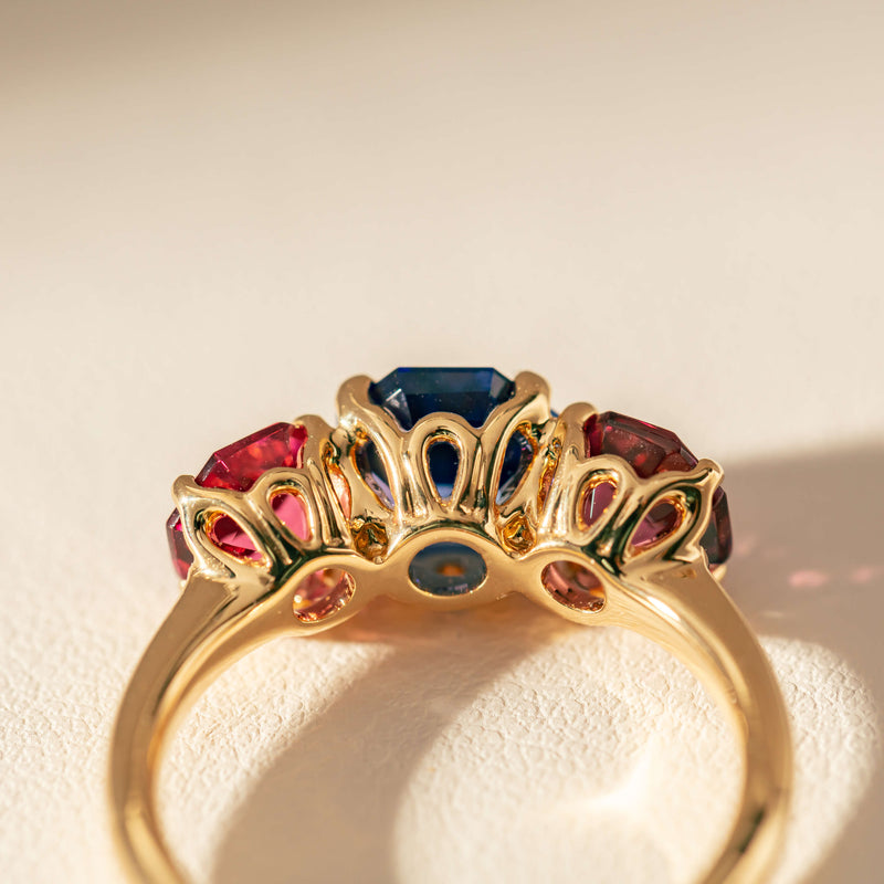 18ct Yellow Gold Three Stone Tanzanite & Tourmaline Octavia Ring-Ring-Walker & Hall