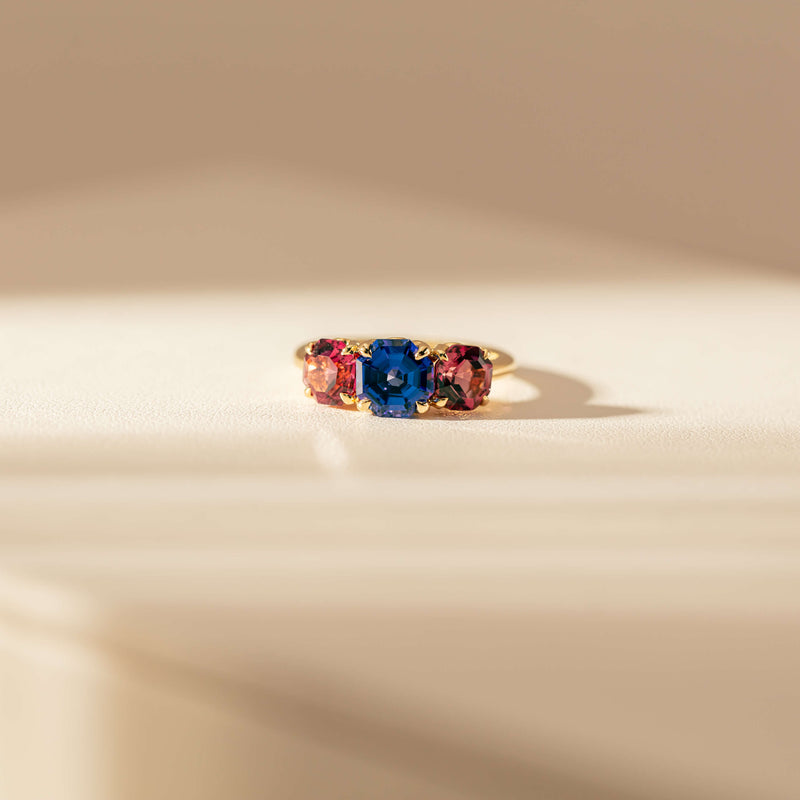 18ct Yellow Gold Three Stone Tanzanite & Tourmaline Octavia Ring-Ring-Walker & Hall