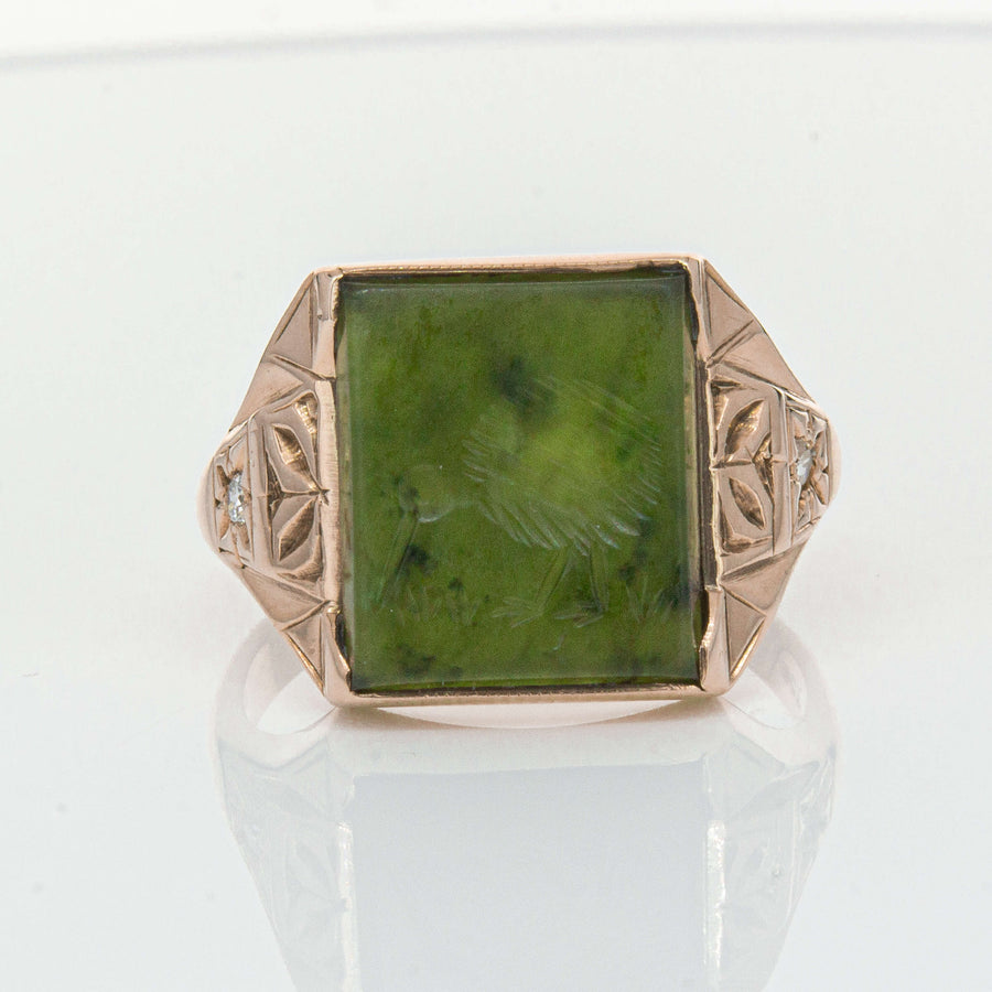 Vintage 8ct Yellow Gold Greenstone & Diamond Kiwi Ring-Ring-Walker & Hall
