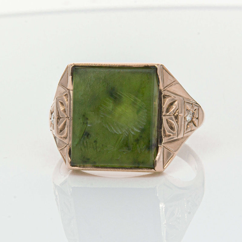 Vintage 8ct Yellow Gold Greenstone & Diamond Kiwi Ring-Ring-Walker & Hall