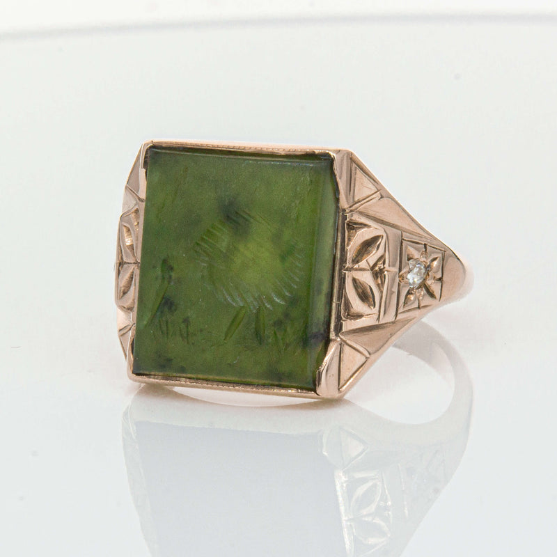 Vintage 8ct Yellow Gold Greenstone & Diamond Kiwi Ring-Ring-Walker & Hall