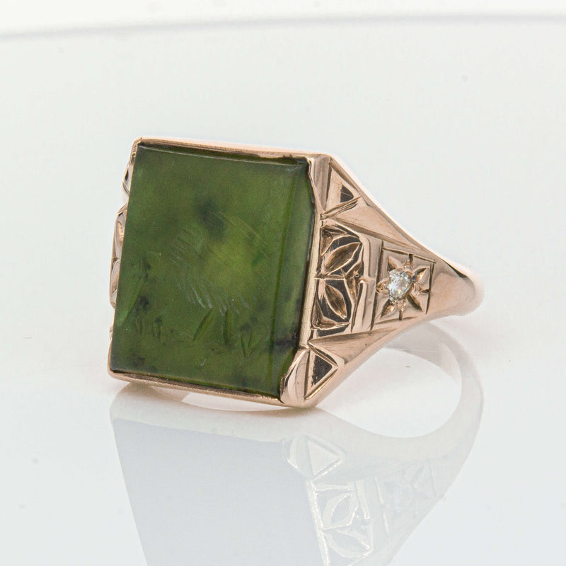 Vintage 8ct Yellow Gold Greenstone & Diamond Kiwi Ring-Ring-Walker & Hall