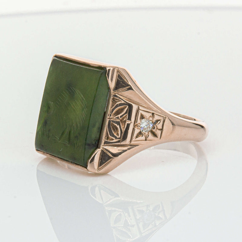 Vintage 8ct Yellow Gold Greenstone & Diamond Kiwi Ring-Ring-Walker & Hall