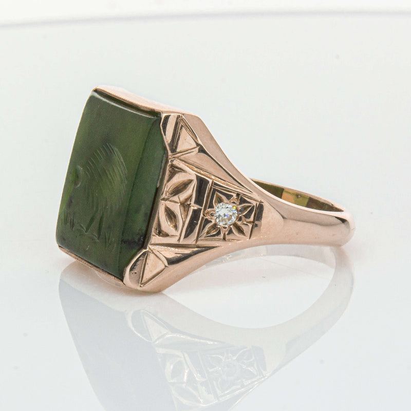 Vintage 8ct Yellow Gold Greenstone & Diamond Kiwi Ring-Ring-Walker & Hall