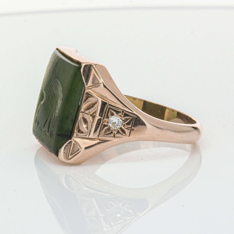 Vintage 8ct Yellow Gold Greenstone & Diamond Kiwi Ring-Ring-Walker & Hall