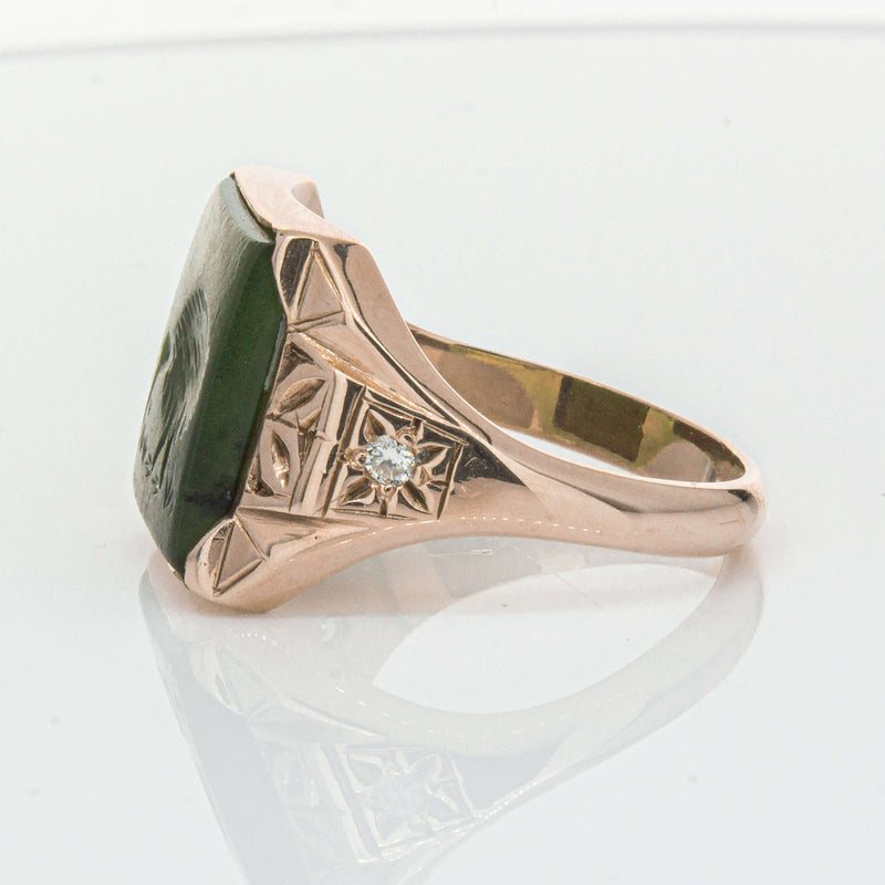 Vintage 8ct Yellow Gold Greenstone & Diamond Kiwi Ring-Ring-Walker & Hall