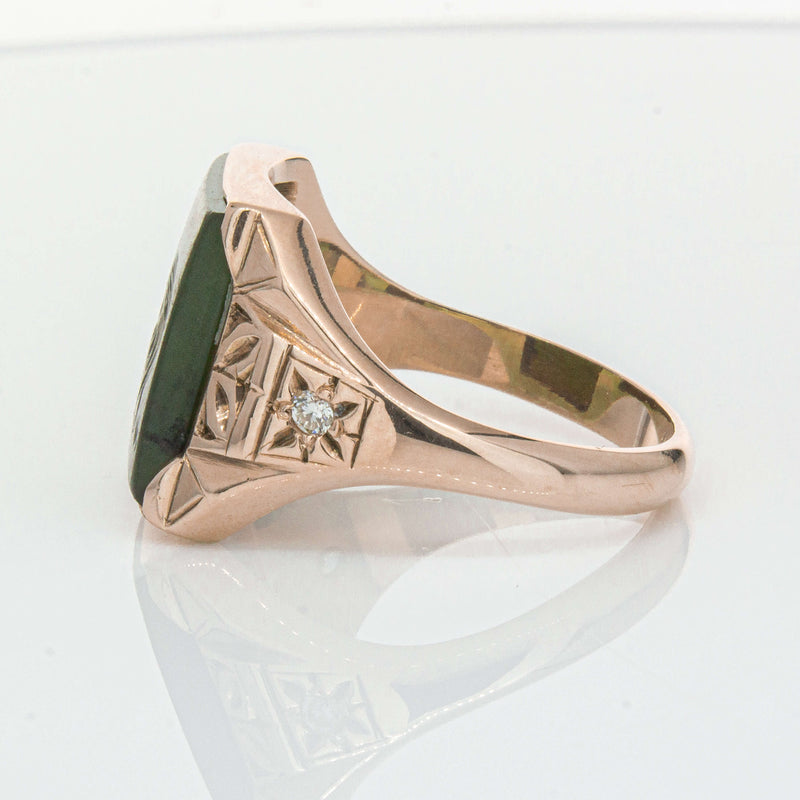 Vintage 8ct Yellow Gold Greenstone & Diamond Kiwi Ring-Ring-Walker & Hall